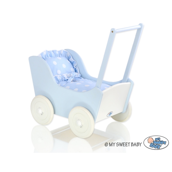 Passeggino per Bambole Legno Biancheria Bianca Blu