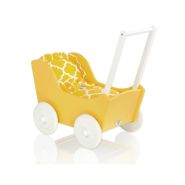 Passeggino per Bambole Legno Biancheria Bianca Giallo
