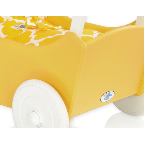 Passeggino per Bambole Legno Biancheria Bianca Giallo