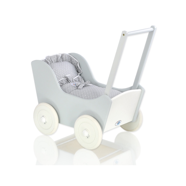 Passeggino per Bambole Legno Biancheria Bianca Grigio