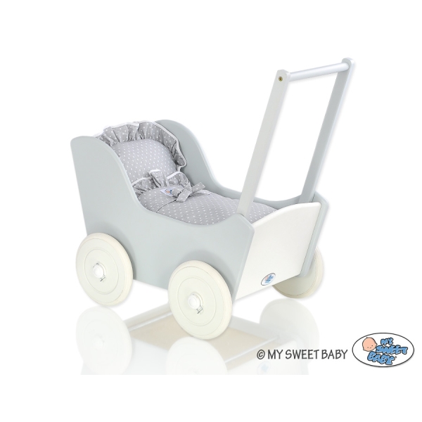 Passeggino per Bambole Legno Biancheria Bianca Grigio