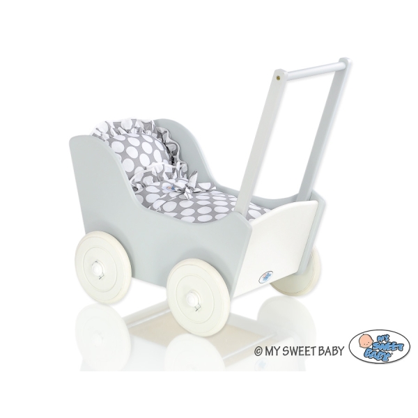 Passeggino per Bambole Legno Biancheria Bianca Grigio