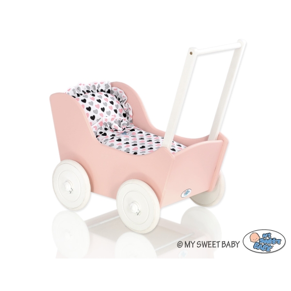Passeggino per Bambole Legno Biancheria Bianca Rosa Cipria
