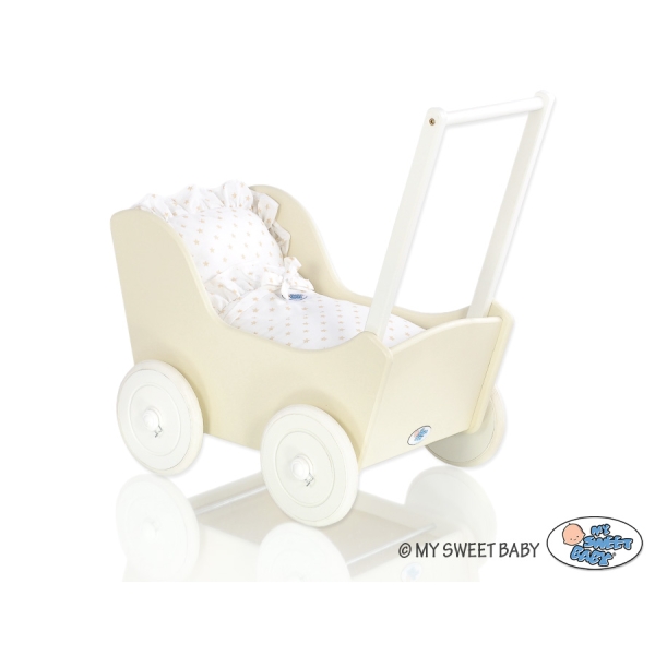 Passeggino per Bambole Legno Biancheria Creme Bianca