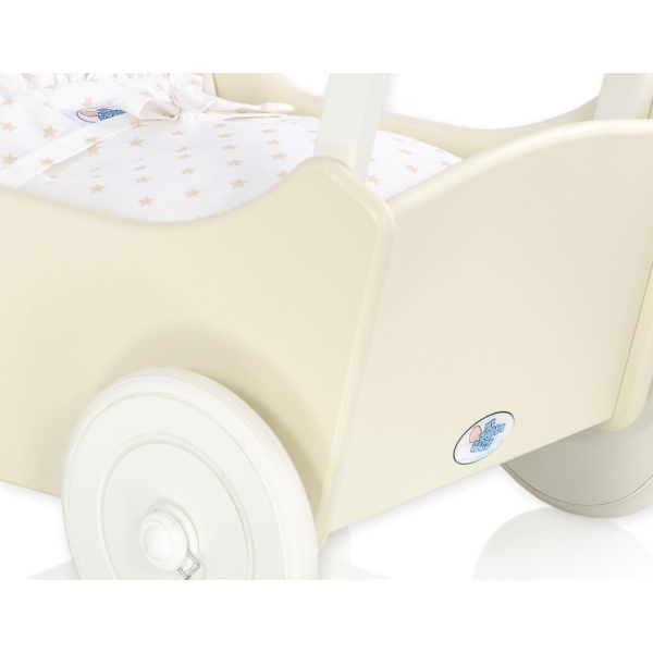 Passeggino per Bambole Legno Biancheria Creme Bianca