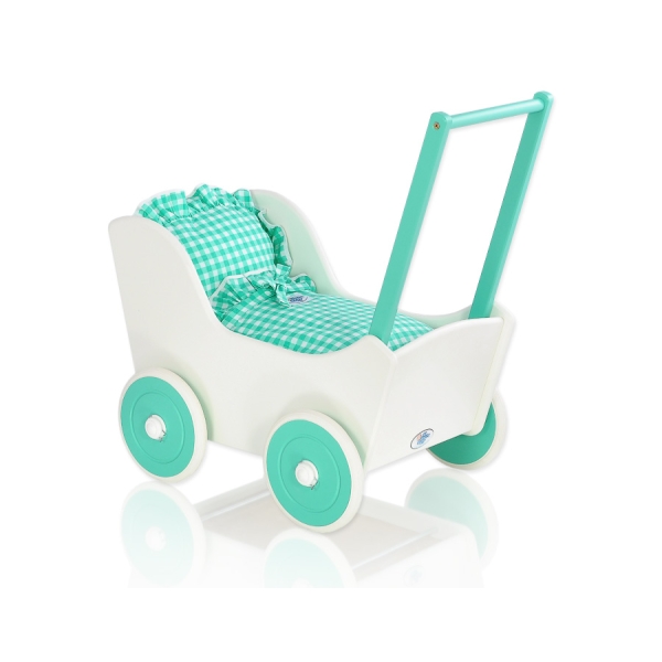 Passeggino per Bambole Legno Biancheria Menta Bianca