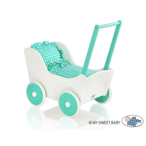 Passeggino per Bambole Legno Biancheria Menta Bianca