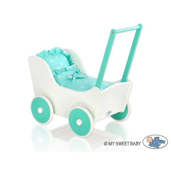Passeggino per Bambole Legno Biancheria Menta Bianca