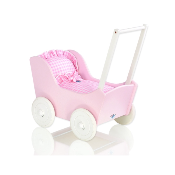 Passeggino per Bambole Legno Biancheria Rosa Bianca