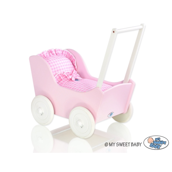 Passeggino per Bambole Legno Biancheria Rosa Bianca