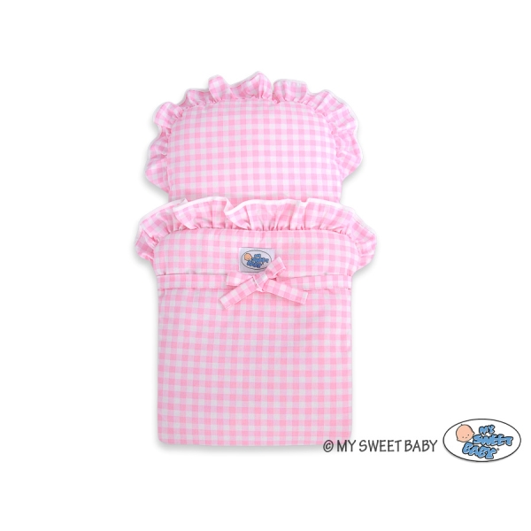 Passeggino per Bambole Legno Biancheria Rosa Bianca