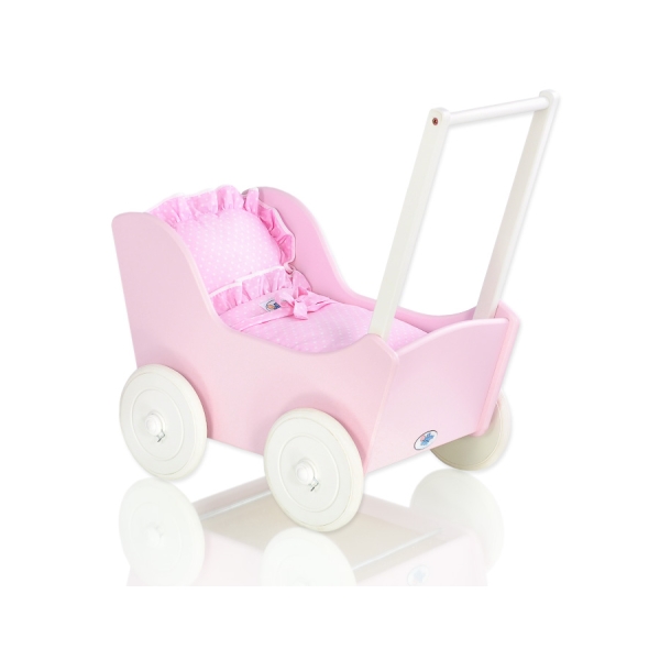 Passeggino per Bambole Legno Biancheria Rosa Bianca