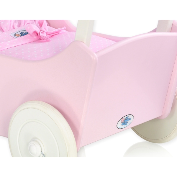 Passeggino per Bambole Legno Biancheria Rosa Bianca