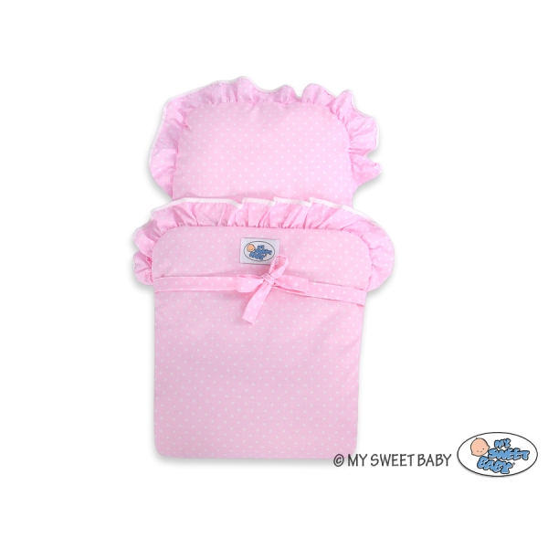 Passeggino per Bambole Legno Biancheria Rosa Bianca