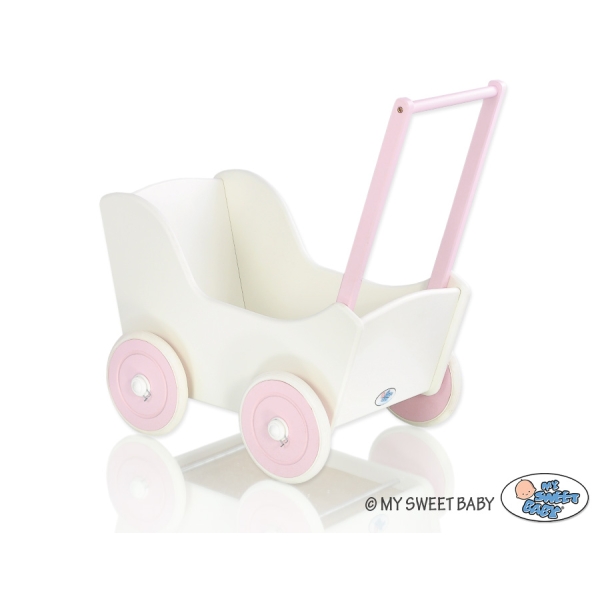 Passeggino per Bambole Legno Rosa Bianca