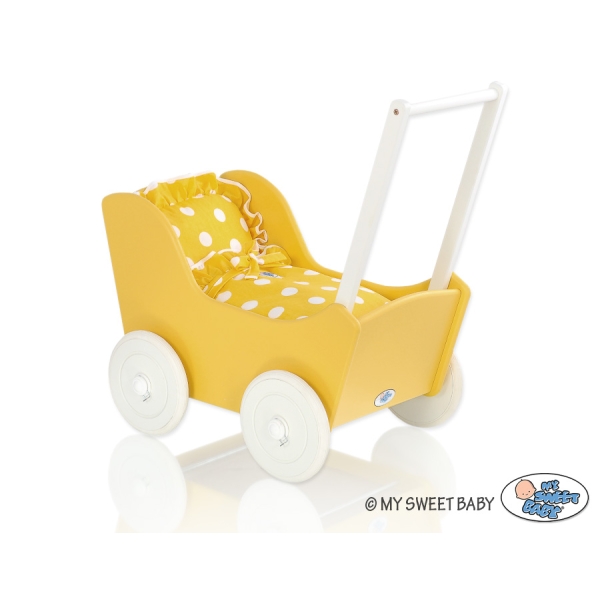 Passeggino per le Bambole Biancheria Bianca Giallo Pois Bianchi