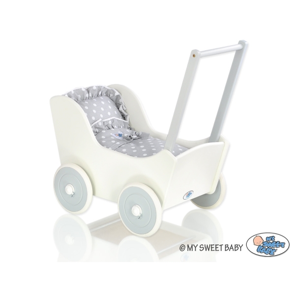 Passeggino per le Bambole Biancheria Bianca Grigio Pois Bianchi