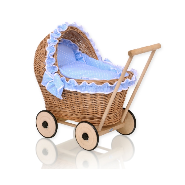 Passeggino per le Bambole Rattan Bianca Blu Pois Bianchi