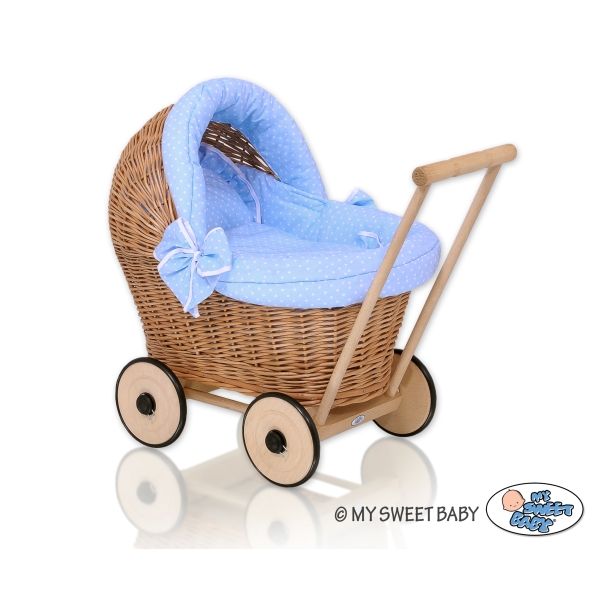 Passeggino per le Bambole Rattan Bianca Blu Pois Bianchi