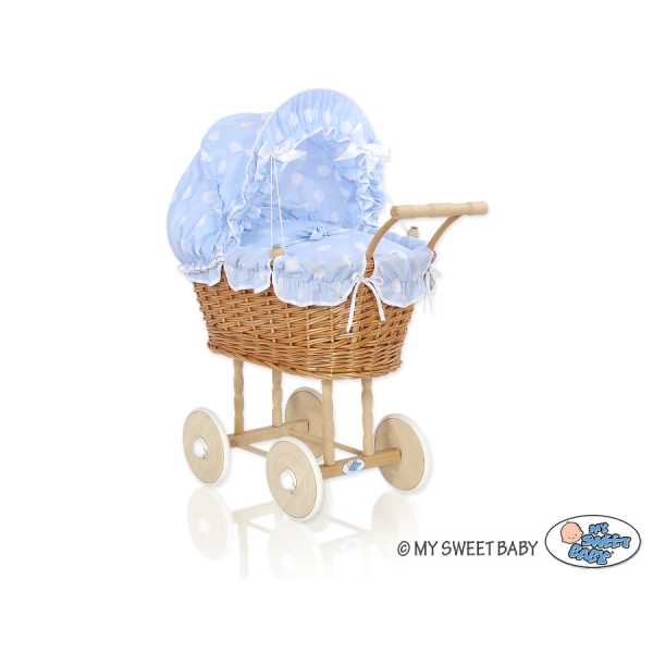 Passeggino per le Bambole Rattan Blu Pois Bianchi