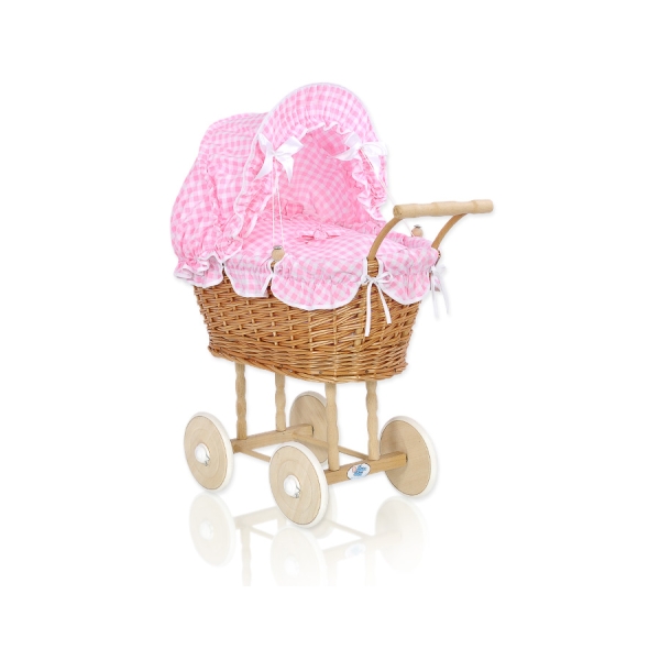 Passeggino per le Bambole Rattan Rosa a Scacchi