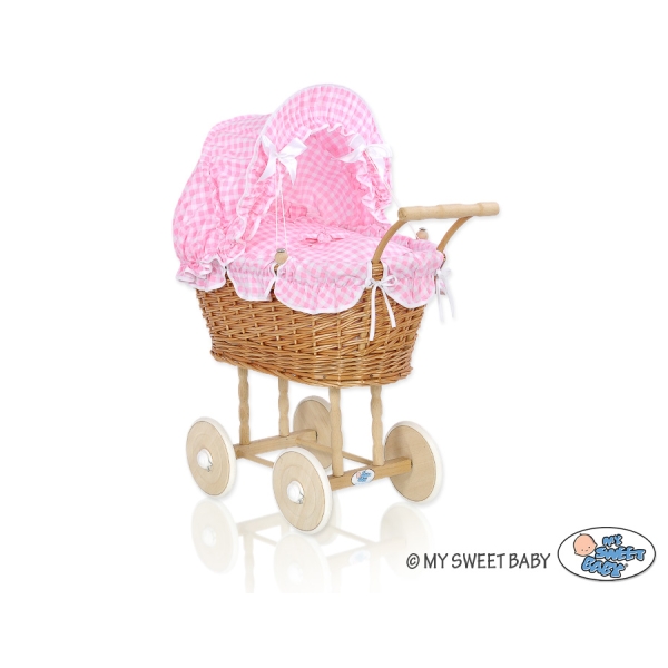 Passeggino per le Bambole Rattan Rosa a Scacchi