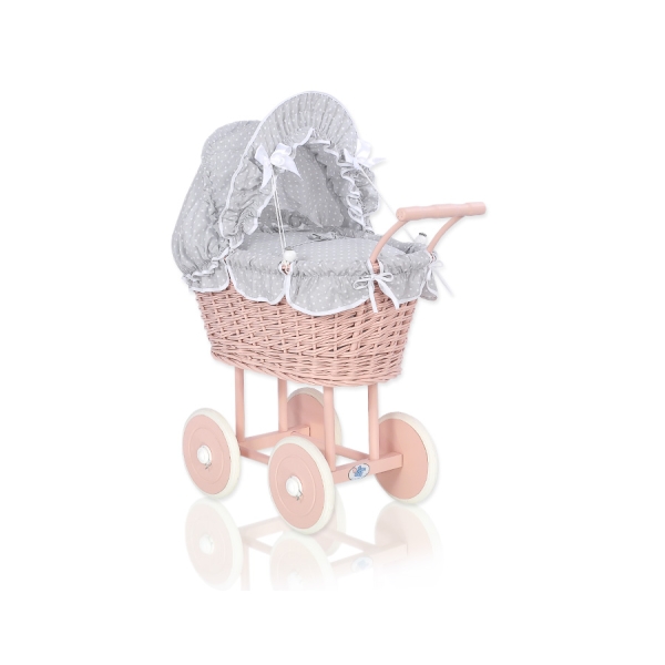 Passeggino per le Bambole Vimini Bianca Grigio Pois Bianchi Rosa Cipria