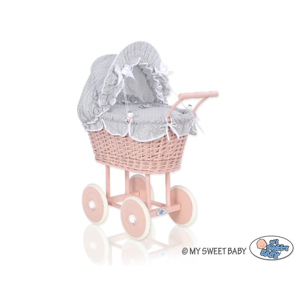 Passeggino per le Bambole Vimini Bianca Grigio Pois Bianchi Rosa Cipria