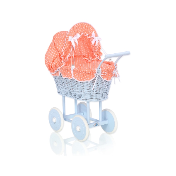 Passeggino per le Bambole Vimini Blu Pois Bianchi Pesca