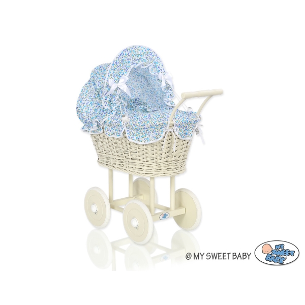 Passeggino per le Bambole Vimini Creme Blu Fiori Fiori
