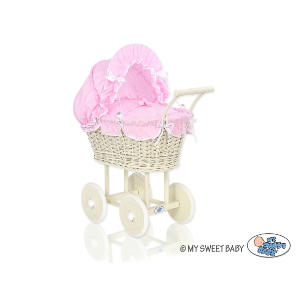 Passeggino per le Bambole Vimini Creme Rosa Bianca Pois Bianchi