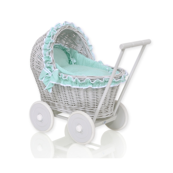 Passeggino per le Bambole Vimini Menta Grigio Pois Bianchi