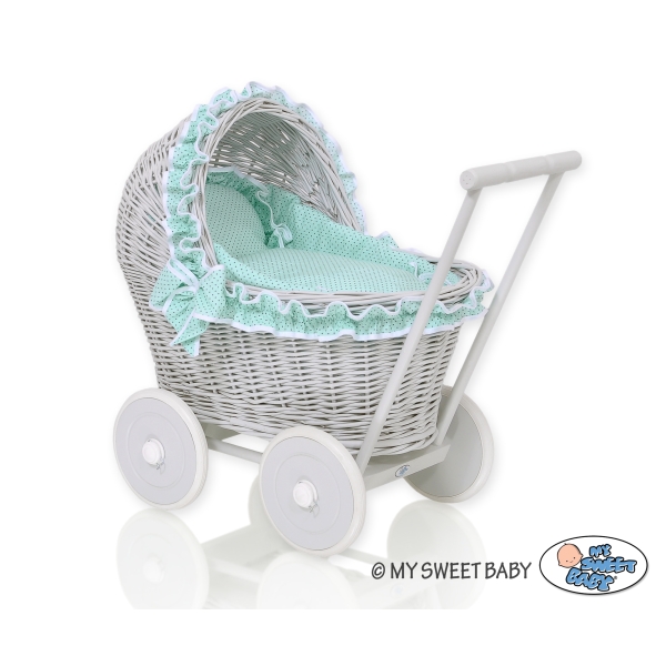 Passeggino per le Bambole Vimini Menta Grigio Pois Bianchi