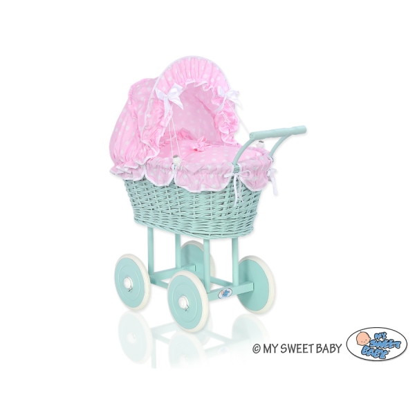 Passeggino per le Bambole Vimini Menta Rosa Pois Bianchi