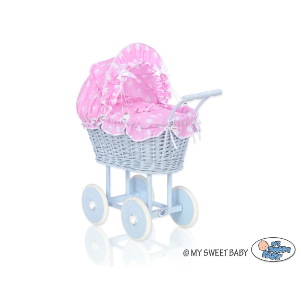 Passeggino per le Bambole Vimini Rosa Blu Pois Bianchi