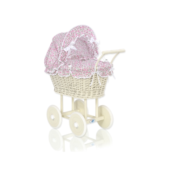 Passeggino per le Bambole Vimini Rosa Fiori Fiori