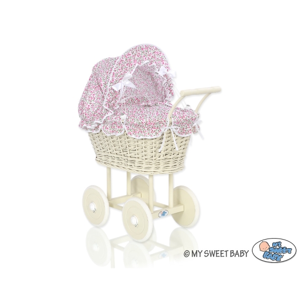 Passeggino per le Bambole Vimini Rosa Fiori Fiori