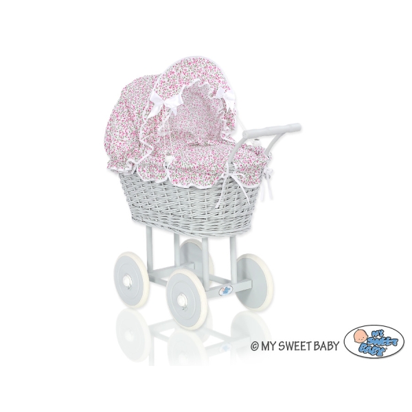 Passeggino per le Bambole Vimini Rosa Grigio Fiori Fiori
