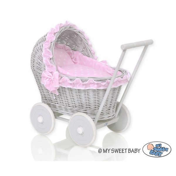 Passeggino per le Bambole Vimini Rosa Grigio Pois Bianchi