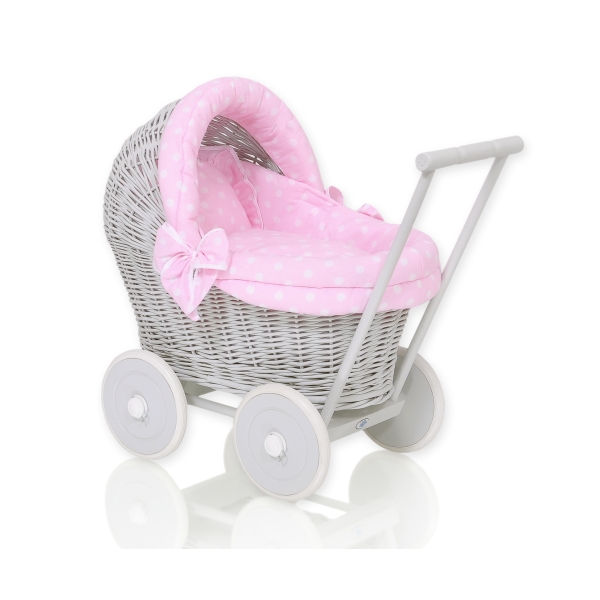 Passeggino per le Bambole Vimini Rosa Grigio Pois Bianchi