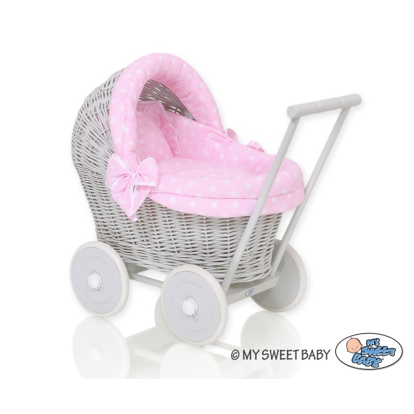 Passeggino per le Bambole Vimini Rosa Grigio Pois Bianchi