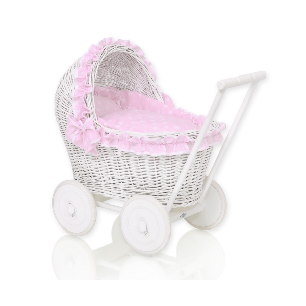 Passeggino per le Bambole Vimini Rosa Pois Bianchi