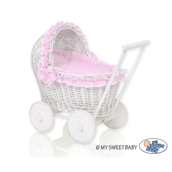 Passeggino per le Bambole Vimini Rosa Pois Bianchi