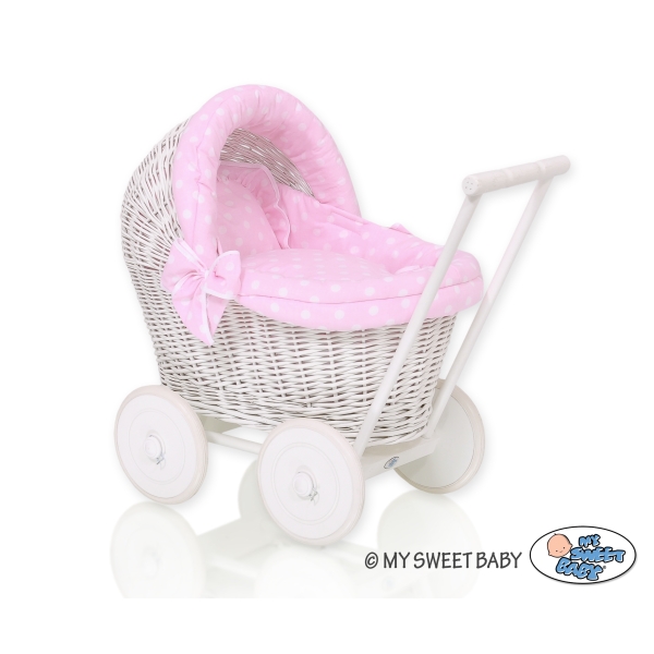 Passeggino per le Bambole Vimini Rosa Pois Bianchi