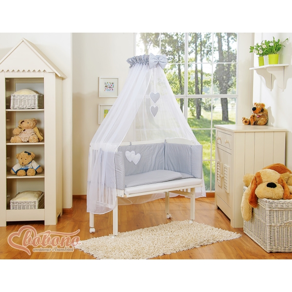 Set Biancheria con Baldacchino 6 parti Grigio Pois Bianchi Cuori