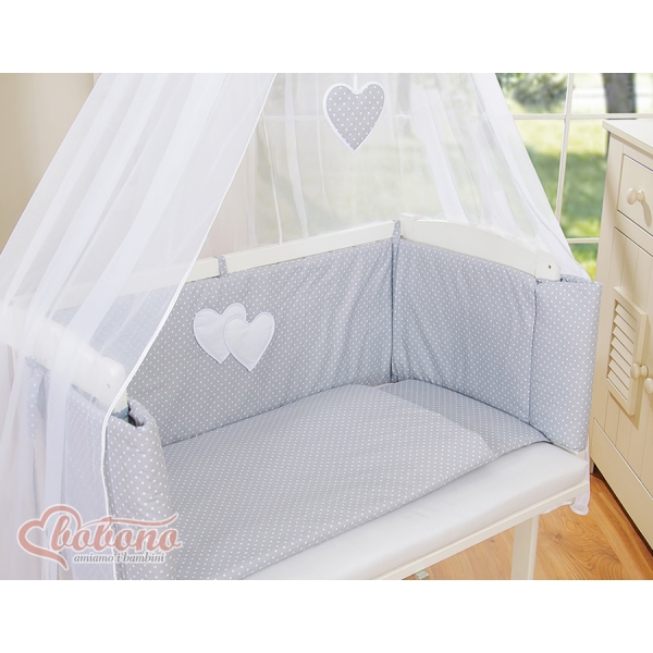 Set Biancheria con Baldacchino 6 parti Grigio Pois Bianchi Cuori