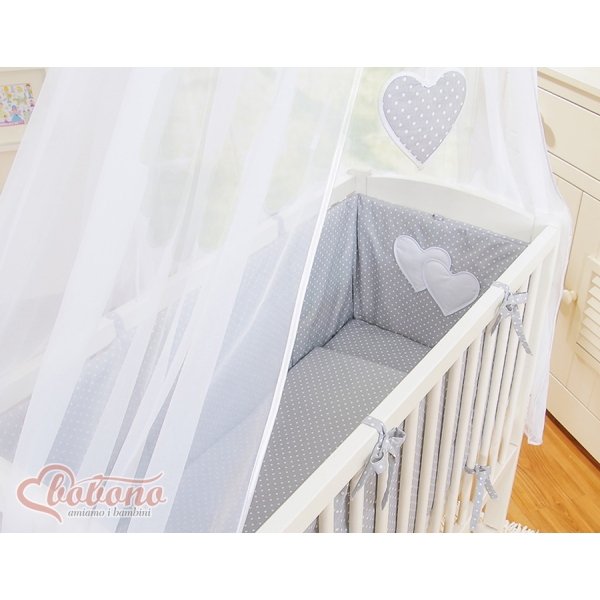 Set Biancheria con Baldacchino 6 parti Grigio Pois Bianchi Cuori