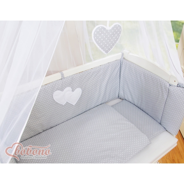 Set Biancheria con Baldacchino 6 parti Grigio Pois Bianchi Cuori
