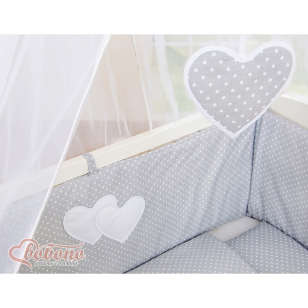 Set Biancheria con Baldacchino 6 parti Grigio Pois Bianchi Cuori