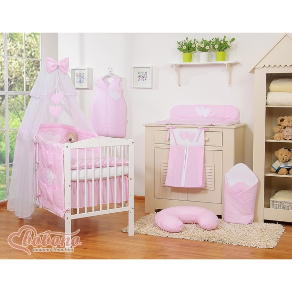 Set Biancheria da Culla con Zanzariera e Sacco Nanna 11 parti Rosa a Strisce Cuori